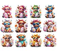 Highland Cow Floral Colourful Easter Egg Spring UV DTF Sticker, Rub on Transfer Stickers DIY - Glass - Tumbler - Cup - 12 Pcs - 65mm eas30