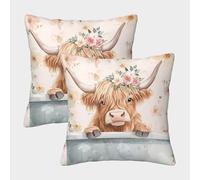 Highland Cow-Floral Crown Art Style Pillow Covers 2 Pack Cozy Pillowcases Available All Seasons Cushion Case Zippered Decorative Sofa for Living Room Bedroom 45x45cm