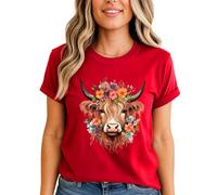 Highland Cow Floral Crown Womens Graphic T-Shirt Farm Animal Watercolor Tee