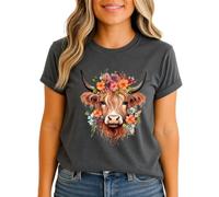 Highland Cow Floral Crown Womens Graphic T-Shirt Farm Animal Watercolor Tee