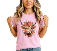 Highland Cow Floral Crown Womens Graphic T-Shirt Farm Animal Watercolor Tee