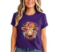 Highland Cow Floral Crown Womens Graphic T-Shirt Farm Animal Watercolor Tee