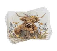 Highland Cow Floral Placemats Set of 4, Brown Yellow Spring Summer Rustic Non-slip Washable Cute Decorative Placemats for Parties 18x12 Inch