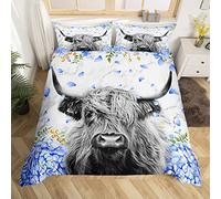 Highland Cow Flower Bedding Set Double Bull Cattle Duvet Cover Set for Kids Boys Girls Boho Marble Gray Beds Set Western Funny Animal Decor Bedroom Collection 3pcs