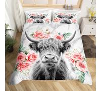 Highland Cow Flower Duvet Cover Queen Size Bull Cattle Bedding Set Bedroom Decorative Western Funny Animal Comforter Cover Set Wildlife Farmhouse Cow Quilt Cover Rose Grey Marble Bed Cover