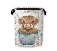 Highland Cow Flower Laundry Basket, Foldable Laundry Basket Storage Sorter with Handle,Round Washing Storage for Bedroom, Bathroom, College Dorm 66L