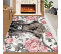Highland Cow Flower Rugs for Bedroom - 60 x 120, Grey Cattle Area Rug, Stain Resistant Washable Non Slip, Western Animal Style, Farmhouse Cow Theme, Soft Low Pile Rectangle Carpet
