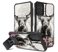 Highland Cow Flowers Case for Samsung Galaxy A16 5G, Foldable Kickstand & Hidden Camera Cover, Shockproof Anti-Scratch Slim Full Body Protective Cover for Women, Girl