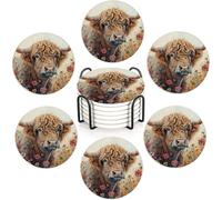 Highland Cow Flowers Set of 6 Absorbent Ceramic Coasters with Cork Base & Holder,10cm Round Drink Mats for Mugs, Wine Glasses - Spill Protection for Wood/Glass Tables