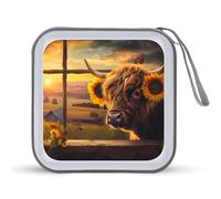 Highland Cow From Window Sunflower Sunset CD Case 40 Capacity Plastic DVD Storage Box Sleeves Zippered Wallet