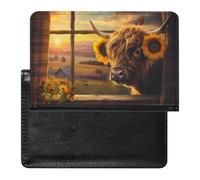 Highland Cow from Window Sunflower Sunset Passport Holder Travel Wallet Cover Case with Card Slot Organiser for Men Women