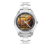 Highland Cow from Window Sunflower Sunset Quartz Watch Stainless Steel Wrist Watches for Men Women Easy to Read