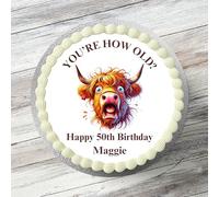 Highland Cow Funny Personalised 7.5" Round Edible Icing Cake Topper for Birthday