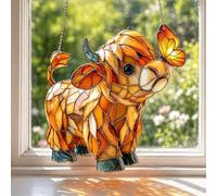 Highland Cow Garden Ornament Stained Glass Window Hanging Suncatcher | Handcrafted 20cm decorative art featuring cattle and butterfly motif for windows and gardens