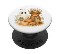 Highland Cow & Ghost Pumpkin Patch Watercolor Halloween PopSockets Adhesive PopGrip