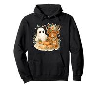 Highland Cow & Ghost Pumpkin Patch Watercolor Halloween Pullover Hoodie