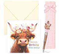 Highland Cow Gift for Women, 16x16cm Highlandcow Birthday Card, 14cm Highland Cattle Beadable Pen, with Pink Gift Box for Cow Lovers Women Birthday Back to School Gifts