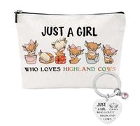 Highland Cow Gifts, 2 Pcs Highland Cow Gift Set for Women with Cattle Makeup Bag and Keyring, Travel Toiletry Pouch Animal Themed Party Supplies Gifts for Women Men Bestie Friend Wife Sister