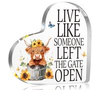 Highland Cow Gifts For Women - 10 X 10CM Heart-Shaped Scottish Gift with Sunflower Design, "Live Like Someone Left The Gate Open", Motivational Cow Decor Gift for Women Christmas Home Christmas Decor