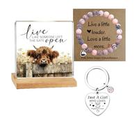 Highland Cow Gifts for Women - 3-in-1 Scottish Hamish Coo Gift Set with Wooden Decor Plaque & Pink Zebra Jasper Wristlet Keychain- Live Like Someone Left The Gate Open Rustic Farmhouse Home Decor