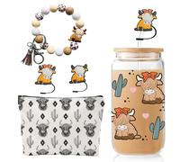 Highland Cow Gifts for Women, Western Decor, Scottish Mini Cow Print Stuff, 16oz Iced Coffee Glass Cup with Lid and Straw, Makeup Bag, Silicone Keychain, Straw Cover