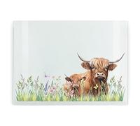 Highland Cow Glass Chopping Board - Rectangular Large Mum & Calf Glass Worktop Protector - Smooth Board Kitchen Cutting Board Worktop Saver with Non-Slip Feet 39cm x 28.5cm (15" x 11")