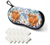 Highland Cow Glasses Case Sunglasses Bag, Soft Eyeglasses Protective Pouch & 10Pcs Cleaning Cloths, Women Girls Portable Cow Multi-purpose Storage Bag for Glasses Watches Phones Makeup Brushes