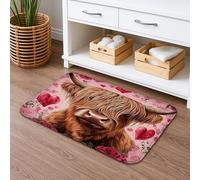 Highland Cow Heart Pattern Quick Dry Bath Mat, Cute Floral Peach Absorbent Non Slip Shower Rug, Valentine's Day Decorative Flannel Washable Bathroom Mat 16x24 Inch