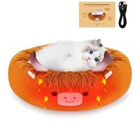 Highland Cow Heated Cat Bed - Cute Round Dog Bed, Warming Pet Bed for Indoor Cats & Small Dogs, Washable Calming Nest with Heating Pad & Timer, Cow Pet Heating Pad for Cats and Dogs