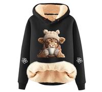 Highland Cow Hoodie for Women Fleece Lined with Sherpa Cow Sweatshirt Long Sleeve Pullover with Drawstring Trendy Winter Christmas Jumper and Cozy Loungewear Black