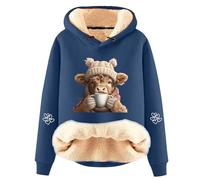 Highland Cow Hoodie for Women Fleece Lined with Sherpa Cow Sweatshirt Long Sleeve Pullover with Drawstring Trendy Winter Christmas Jumper and Cozy Loungewear Navy