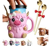 Highland Cow Ice Cream Holder with Handle and Spoon, Cute 3D Printed Highland Cow Ice Pint Holder with Snack Drawer (Pink)