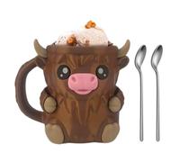 Highland Cow Ice Cream Pint Holder, 3D Printed Leak Proof Beer Can Sleeve with Anti-Freeze Handle & 2 Spoons, Non-Slip Base Fits Ice Cream 16oz, Gift for Highland Cows Lovers
