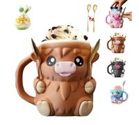 Highland Cow Ice Pint Holder,3D Printed Reusable Popsicle Containers, Dessert Cup, Beer Can Holders, With Antifreeze Handle and Two Spoons,Fun Gift for Ice Cream Lovers（pink） (brown)