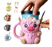 Highland Cow Ice Pint Holder,3D Printed Reusable Popsicle Containers, Dessert Cup, Beer Can Holders, With Antifreeze Handle and Two Spoons,Fun Gift for Ice Cream Lovers (pink)