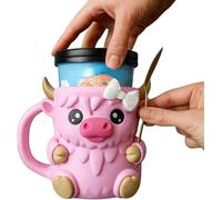 Highland Cow Ice Pint Holder,Ice Cream Pint Sleeves Cover with Spoon & Handle,Cute Animal ICES Creams Cooler Container Leak Proof Popsicle Cozy, Highland Cow Lover Gifts (Pink + Two Spoons)