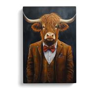 Highland Cow in a Suit Painting | Canvas Wall Art Print | Framed Ready to Hang Picture | Modern Art for Living Room Bedroom Kitchen Home | 30x20 Inch