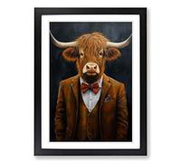 Highland Cow in a Suit Painting Framed Wall Art Print - Ready to Hang Picture - Modern Art for Living Room Bedroom Kitchen Home - Black A3 (36 x 48 cm)
