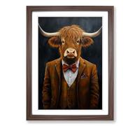Highland Cow in a Suit Painting Framed Wall Art Print - Ready to Hang Picture - Modern Art for Living Room Bedroom Kitchen Home - Walnut A2 (48 x 66 cm)