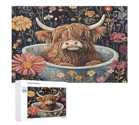 Highland Cow In Bathtub Surrounded By Flowers Jigsaw Puzzle for Adults and Kids Challenging Puzzle for Game Nights 1000 Piece Puzzles Gift for Family Wedding Graduation Friends