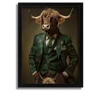 Highland Cow in Plaid Suit Art Print Anthropomorphic Animal Artwork Cow In Kilt A1 Poster on Canvas - Wall Art Home Decor Movie Poster Canvas Film Cinema Retro Vintage Cult Classic Nostargic Saga Mod