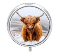 Highland Cow in Scottish Highlands Mini Pill Organizers Cute Round Pills Box Portable 3 Compartment Medicine Case Box for Travel