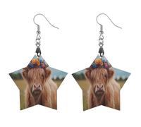 Highland Cow in Scottish Highlands Round Wooden Earrings Boho Drop Pendant Fashion Gifts for Women