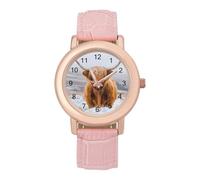 Highland Cow in Scottish Highlands Women's Leather Watch Easy Reader Minimalist Wristwatch Pink Rose Gold Strap Watches