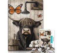 Highland Cow in The Bathroom Jigsaw Puzzles for Teenagers,Stress Reliever Staycation Kill Time with Matching Poster And Trivia Sheet (75x50cm)