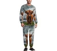 Highland Cow in The Scottish Highlands Mens Pyjama Set Print PJ Set Loungwear Sleepwear Nightwear Top And Pants L