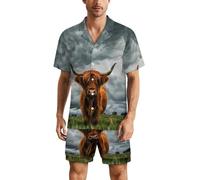 Highland Cow in The Scottish Highlands Mens Pyjamas Set Short Sleeve Shirt And Shorts PJs Sleepwear Loungewear Summer L