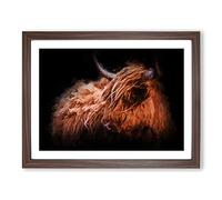 Highland Cow In The Shadows Modern Art Framed Print | A2 Walnut Framed Wall Art | Ready to Hang | Modern Animal Picture | Living Room Bedroom Lounge Office