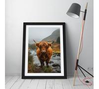 Highland cow in typical scottish landscape Stunning Framed Wall Art Print Picture - A4 - Black Frame