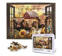 Highland Cow Jigsaw Puzzles 500 Pieces for Adults, Farm Animal & Sunflowers Country Scene, Rustic Window View Wooden Puzzle, Relaxing Nature Art & Farmhouse Decor Gift